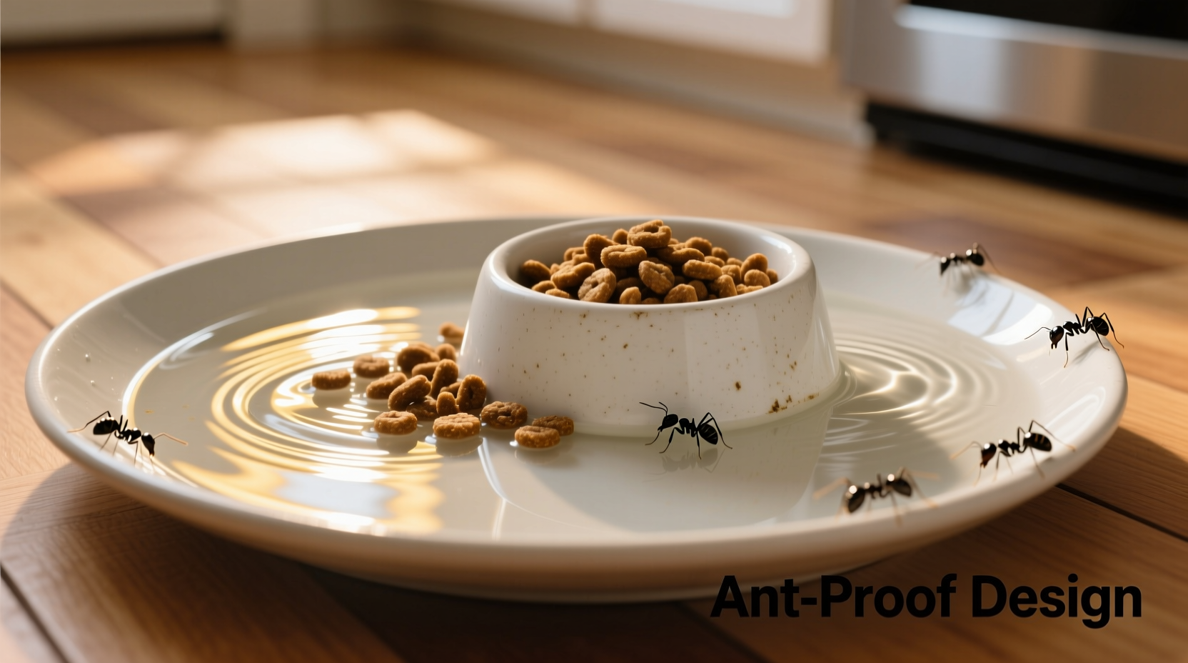 Cat food bowl placed in water-filled plate creating ant barrier