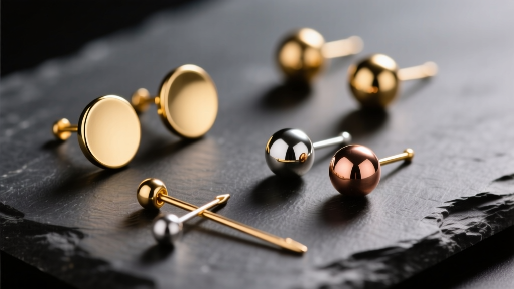 Close-up of gold, silver, and copper headpins for earrings on dark slate, showing flat and ball heads under warm studio lighting.