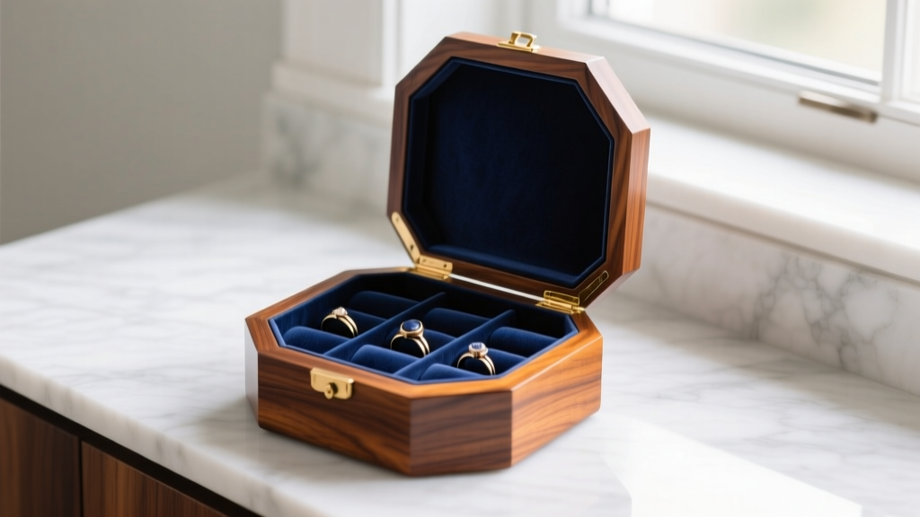 Polished American Black Walnut octagon jewelry box on a marble vanity, lid open to reveal a navy velvet interior with ring rolls.