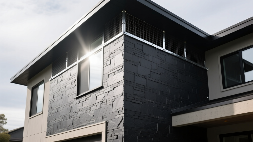 Modern home exterior with charcoal manufactured stone veneer cladding installed over weather-resistant barrier and metal lath at corners