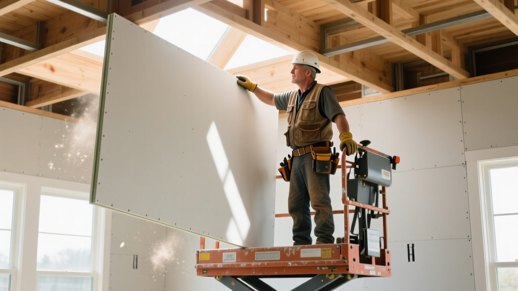 Construction worker using a drywall lift to hoist a heavy 4x12 half-inch gypsum board onto a ceiling joist frame in a residential build