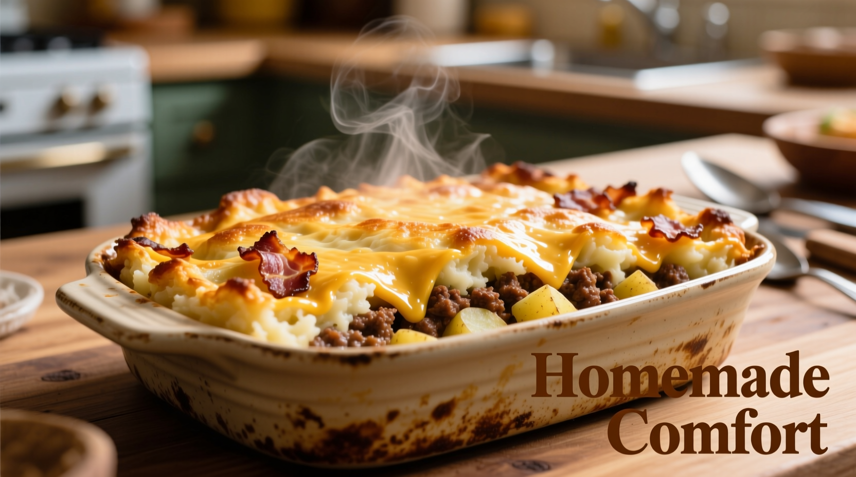 Golden hamburger potato casserole fresh from oven