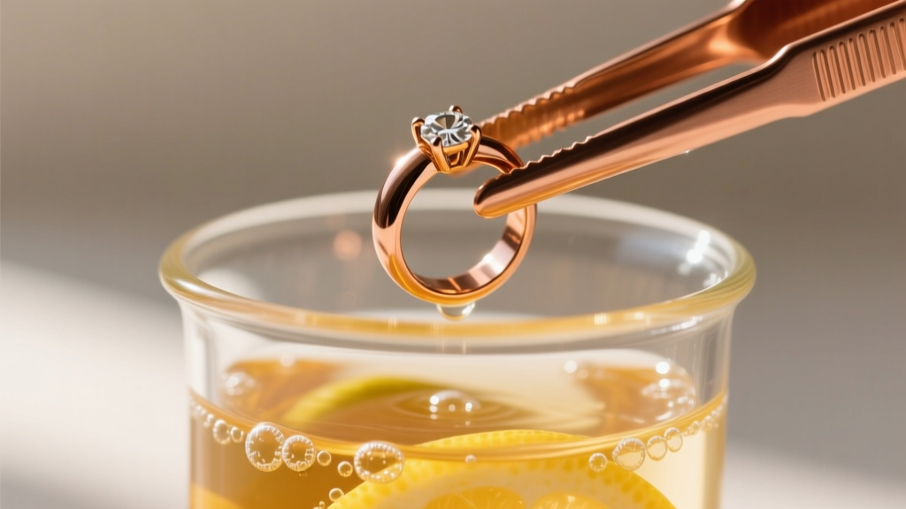 Copper ring submerged in warm citric acid pickle in a glass beaker, with copper tongs removing the freshly cleaned jewelry piece.