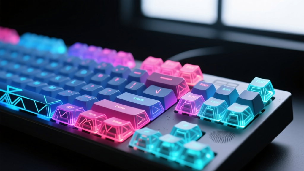 Macro shot of an anime mechanical keyboard with translucent PBT keycaps glowing with under-glow RGB lighting in a dark room.