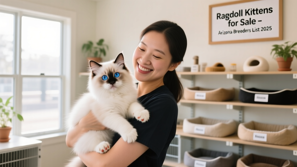 A breeder gently holding a fluffy Ragdoll kitten while smiling, with a clean, bright cattery background visible