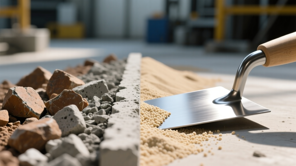 Side-by-side cross-section of coarse aggregate concrete and fine sand mortar mix on a steel masonry trowel in bright daylight