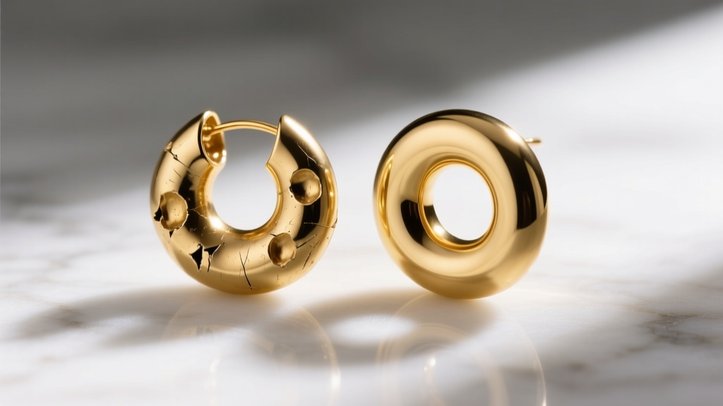 Dented hollow gold-plated donut earring beside a pristine solid 14k gold donut earring, resting on a clean white marble surface.