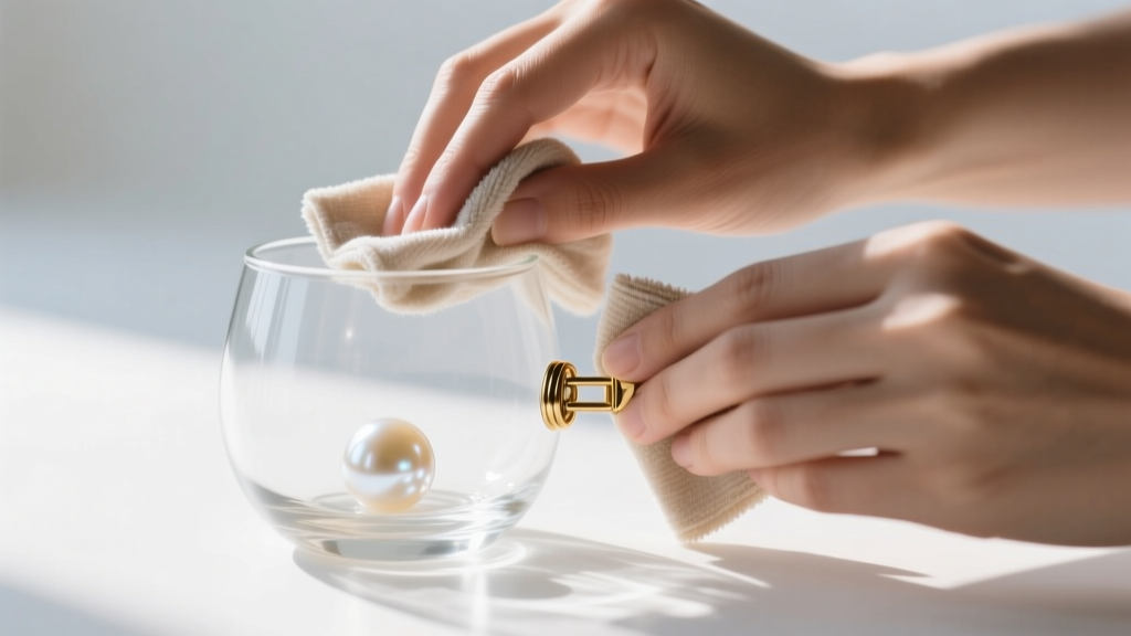 Hands gently wiping a coated glass pearl with a damp microfiber cloth, avoiding the brass clasp, under bright natural light.
