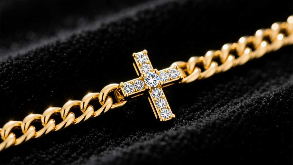 Top-down view of a 5mm 14k yellow gold Cuban link chain threaded through a diamond cross bail, resting on textured black velvet.