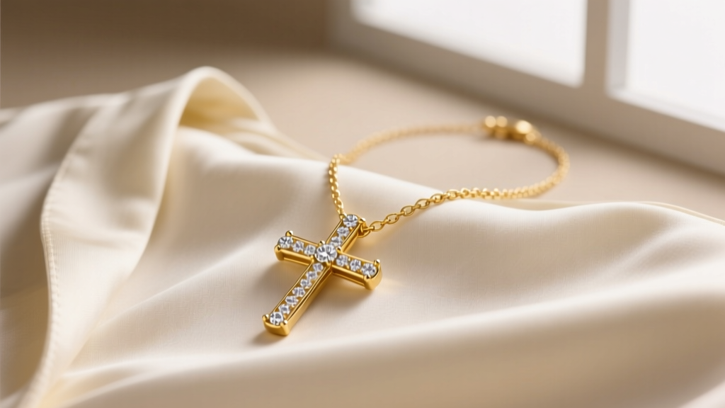 Close-up of a delicate 14k yellow gold sideways cross necklace with pavé diamonds resting on a silk blouse, soft studio lighting.