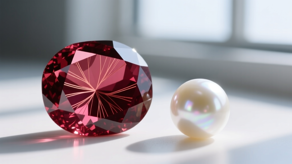 Macro shot of an unheated Mozambique ruby showing rutile silk inclusions next to a flawless cream-colored South Sea pearl