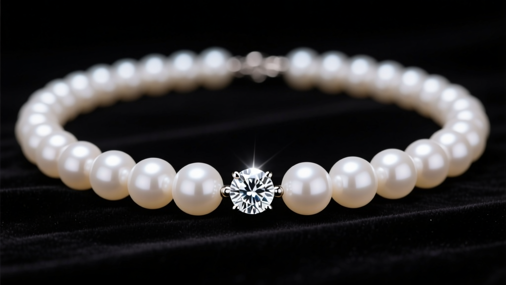 Close-up of a white Akoya pearl necklace with a 0.20ct diamond pendant, resting on dark velvet under soft studio lighting