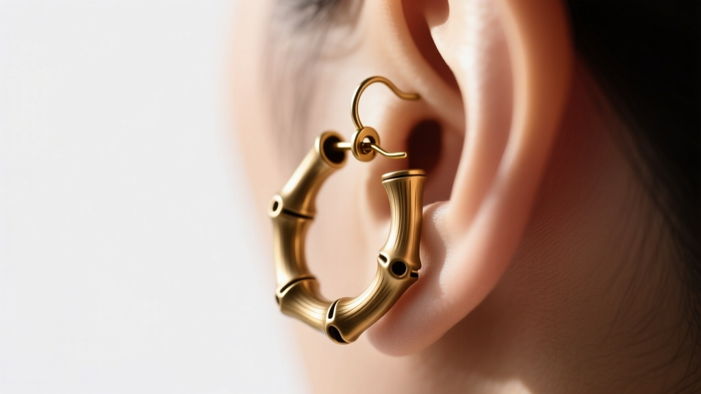 Side profile of hollow brass bamboo earring on earlobe using a reinforced 14-gauge omega clip back for secure weight support.
