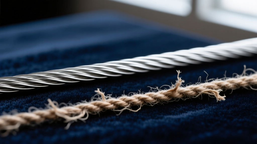 Macro shot comparing frayed nylon thread next to a pristine strand of 0.018-inch 49-strand stainless steel beading wire on velvet.