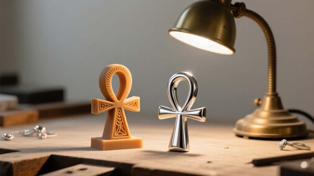Jeweler workbench showing a raw wax ankh model next to a finished polished silver casting, illuminated by a warm desk lamp.