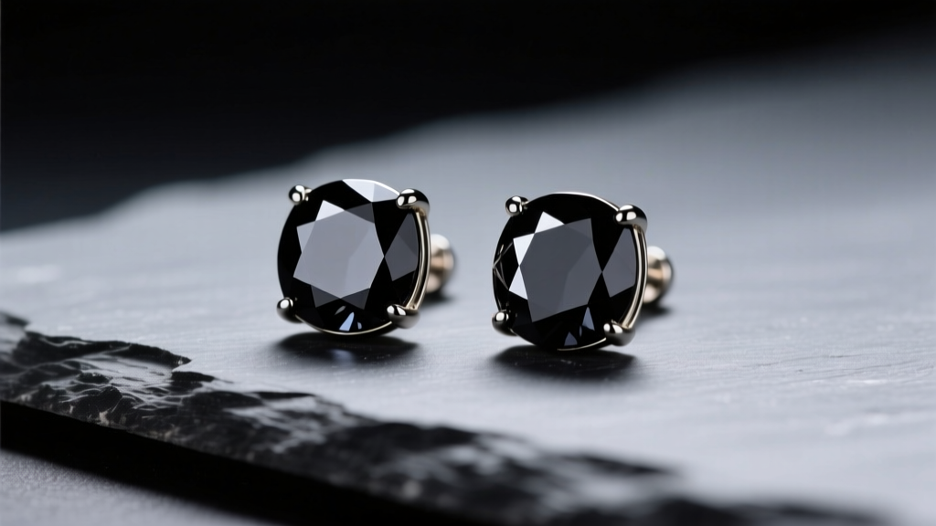 Close-up of bezel-set black spinel stud earrings on slate, showing glassy luster and sharp facets under bright studio lighting.