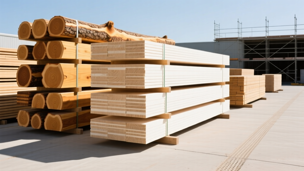 Stacked Douglas Fir and SPF dimensional lumber alongside engineered LVL beams in a bright, organized construction staging yard