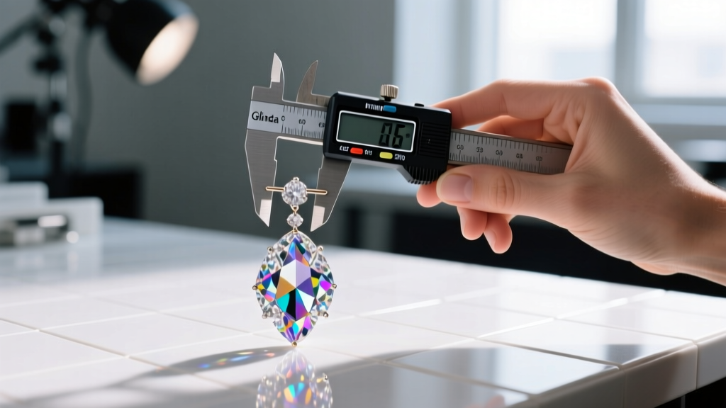Jeweler measuring the wire post of a heavy crystal chandelier glinda earring with digital calipers under bright bench lighting