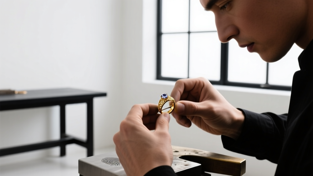 Jeweler's hands using a custom 14k gold wire wrap and heavy-duty bail to secure a massive 150-gram fossilized shark tooth pendant.