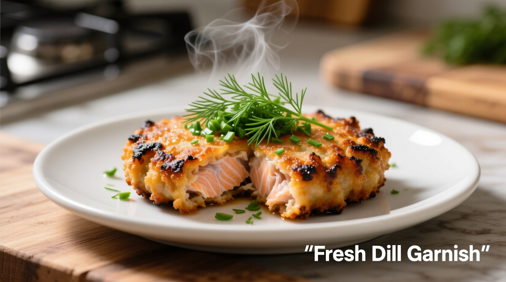 Canned salmon patties with fresh dill garnish