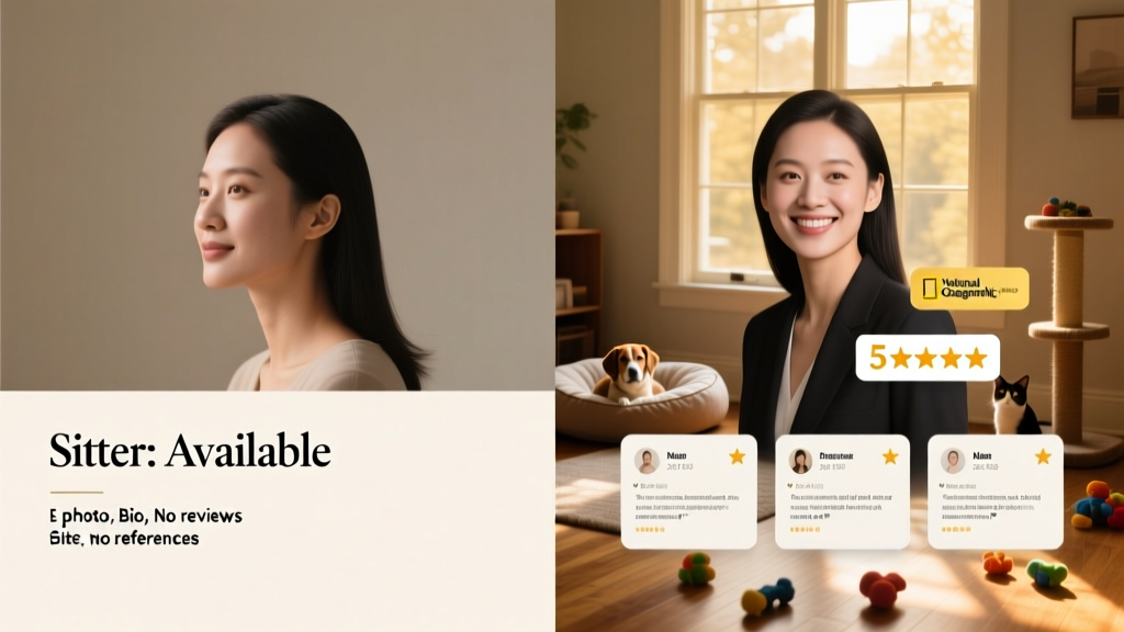 Side-by-side comparison: a sparse sitter profile with minimal info vs. a polished, complete profile featuring photos, bio, reviews, and three visible references