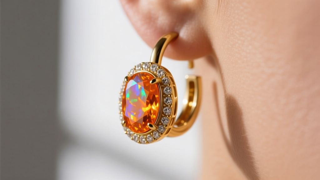 Close-up of a bezel-set fire opal huggie in 18k yellow gold, displaying a vibrant orange-auburn flash against warm skin tones