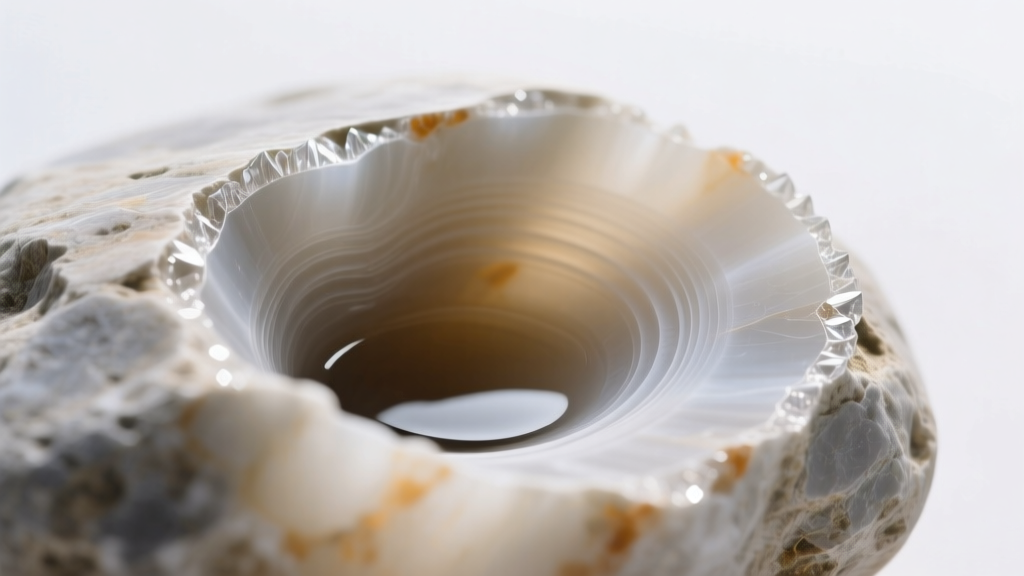 Macro shot of a hagstone hole showing smooth water-worn inner walls and a beveled exit lip in pale chert under soft light.