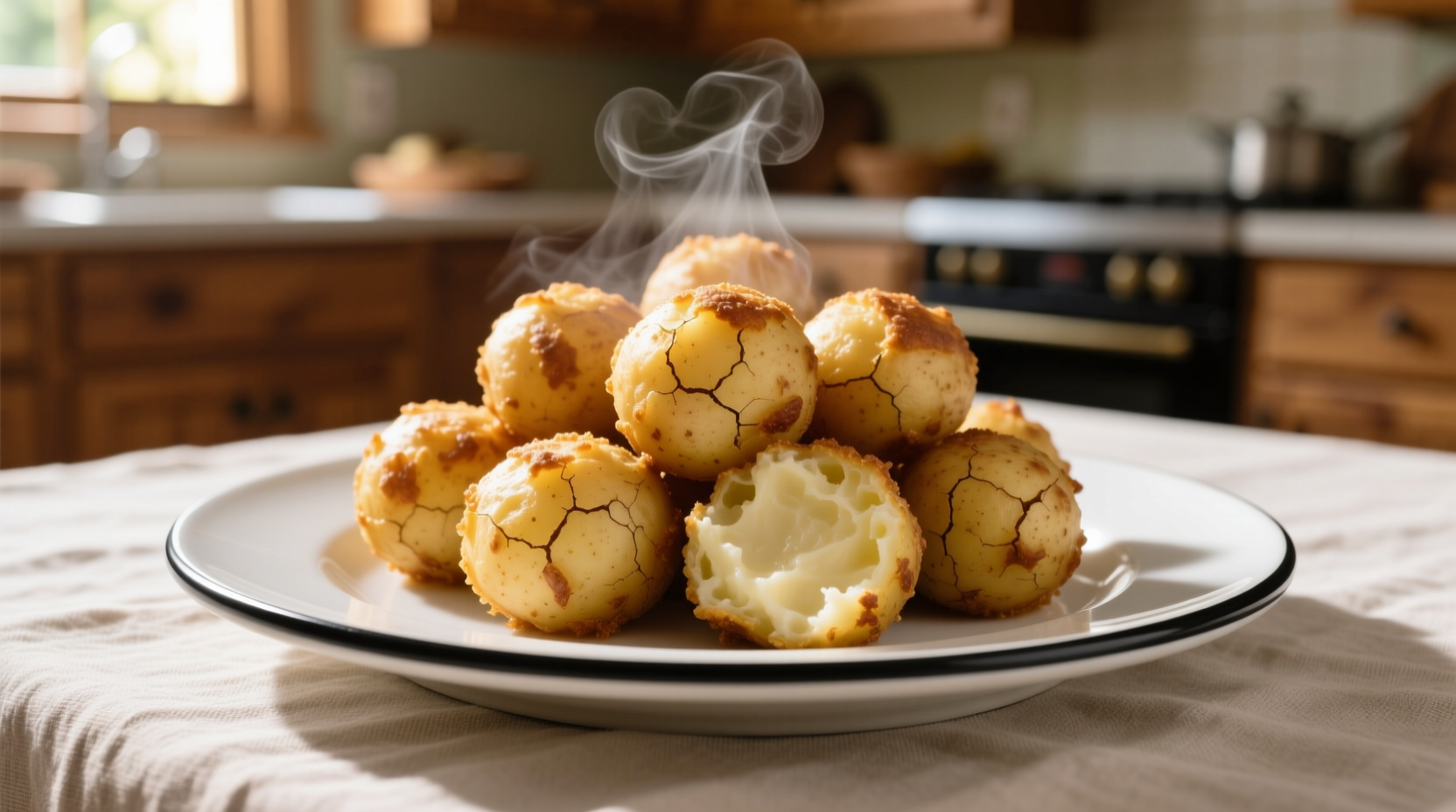 Golden brown mashed potato balls on a white plate