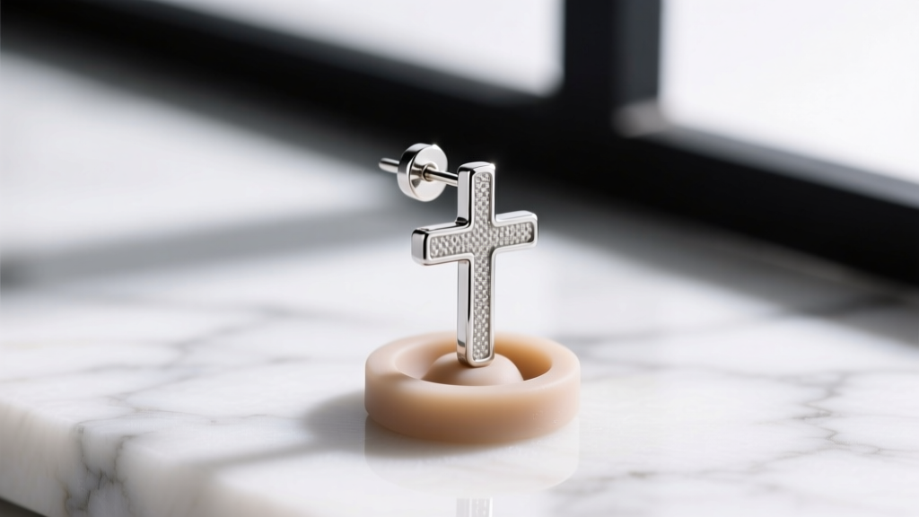 Macro view of a silicone support disc securing an 18-gauge sterling silver dangly cross earring post on a white marble surface