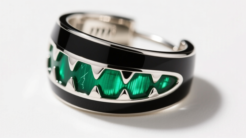 Macro shot of hard enamel Toothless ear cuff showing polished silver lines separating black and bright green enamel color fills