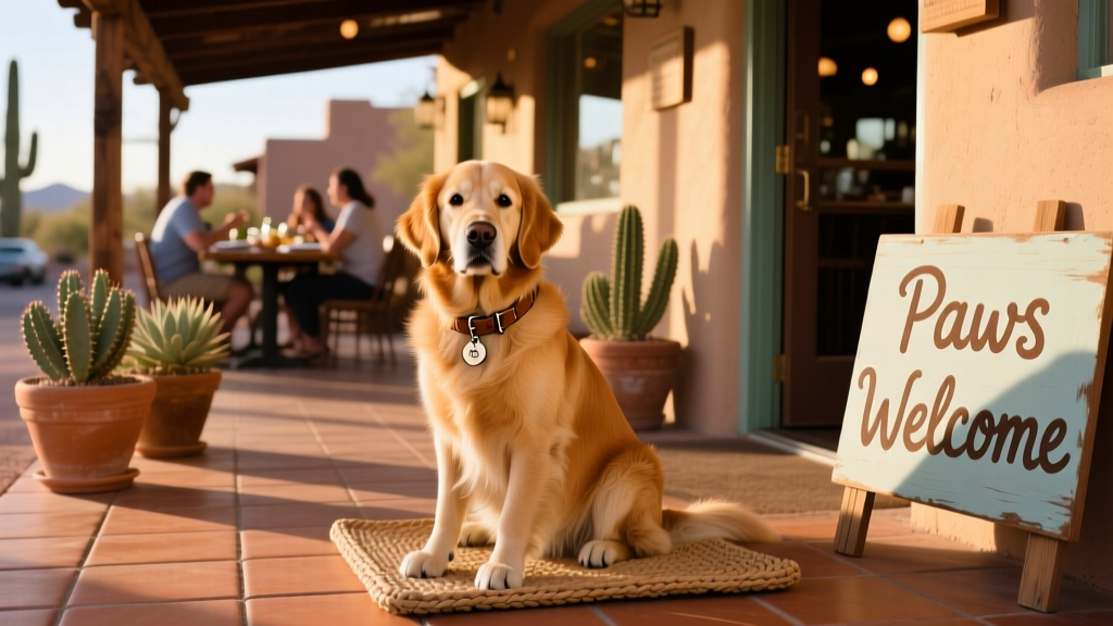 A dog sitting comfortably on the patio of a dog-friendly restaurant in Tucson
