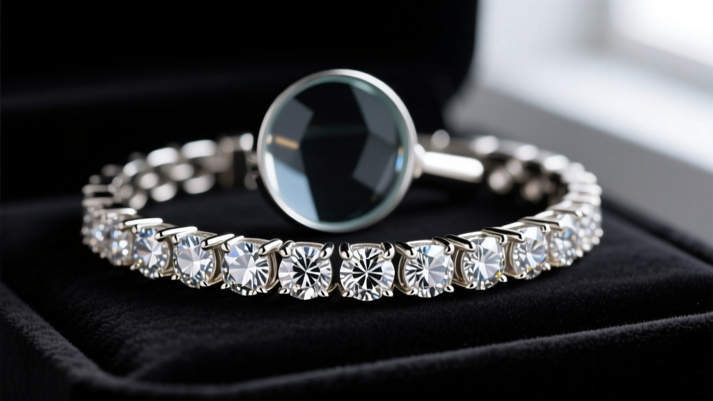 A 10x triplet loupe inspecting the micro-prongs of a diamond studded tennis bracelet on a black velvet pad, sharp macro focus.