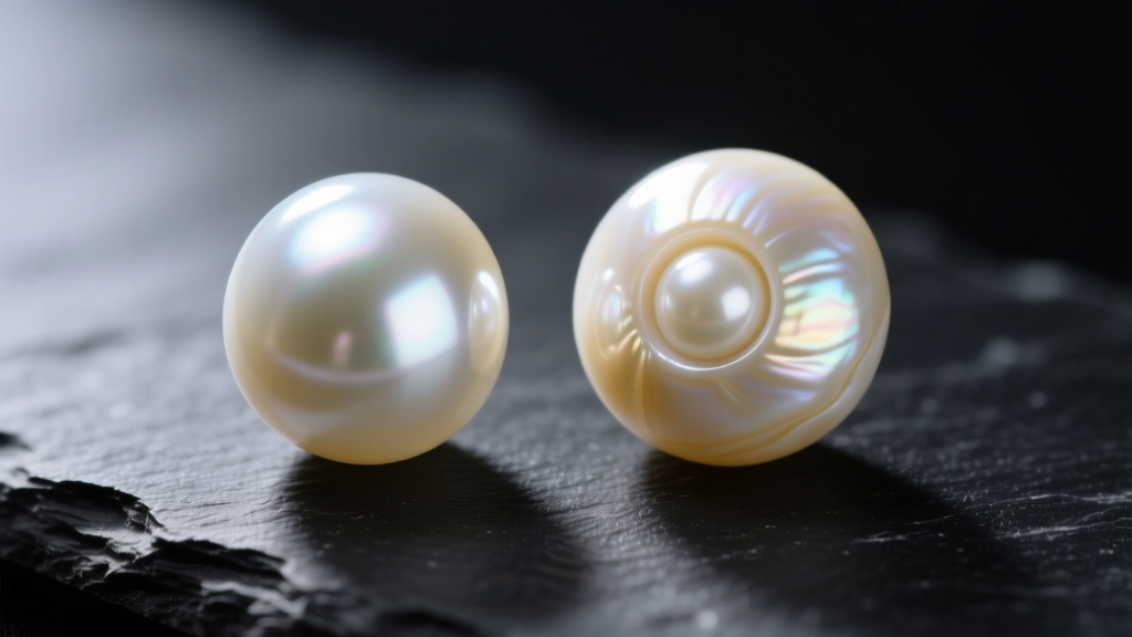 Macro view comparing a glass imitation pearl and a cultured South Sea pearl with subtle growth rings on a dark slate surface.
