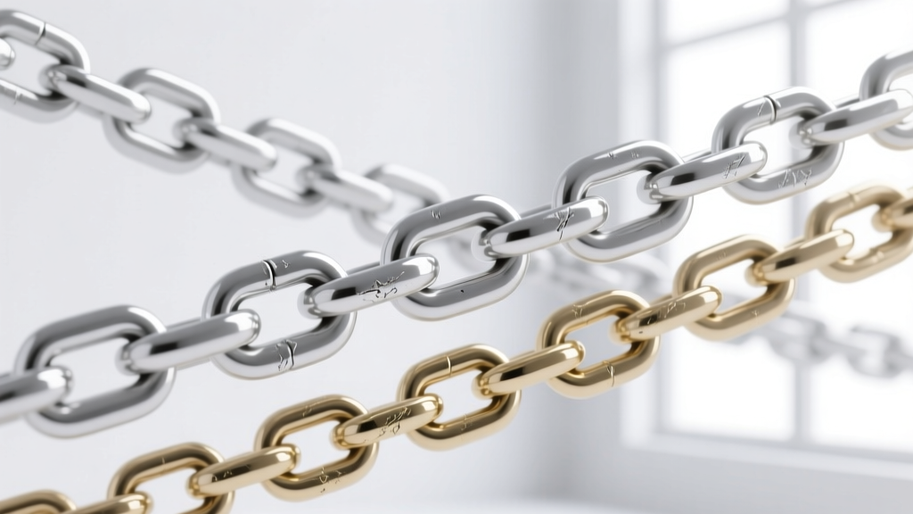 Macro shot of three white metal chains, contrasting the cool grey of platinum with the bright rhodium finish of white gold.