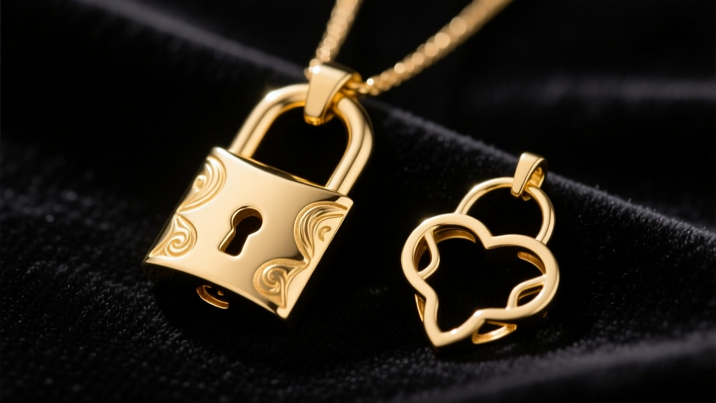 Solid 14k gold lock pendant next to a lightweight hollow gold-plated brass alternative resting on a dark velvet jeweler's tray