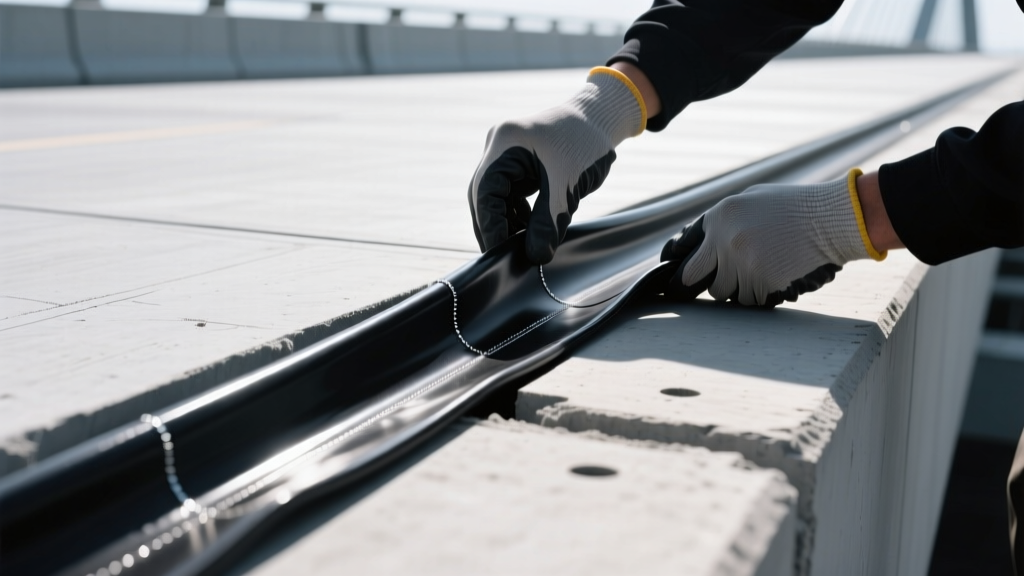 Close-up of black neoprene expansion joint seals and flashing membranes being installed on a modern concrete bridge deck under bright sunlight