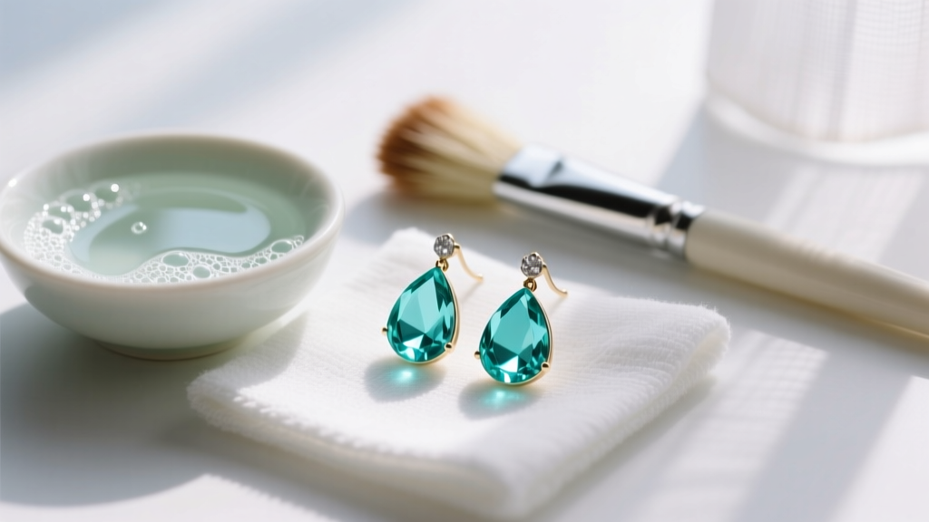 Close-up of aquamarine drop earrings on a microfiber cloth beside a small bowl of mild soapy water and a soft cleaning brush