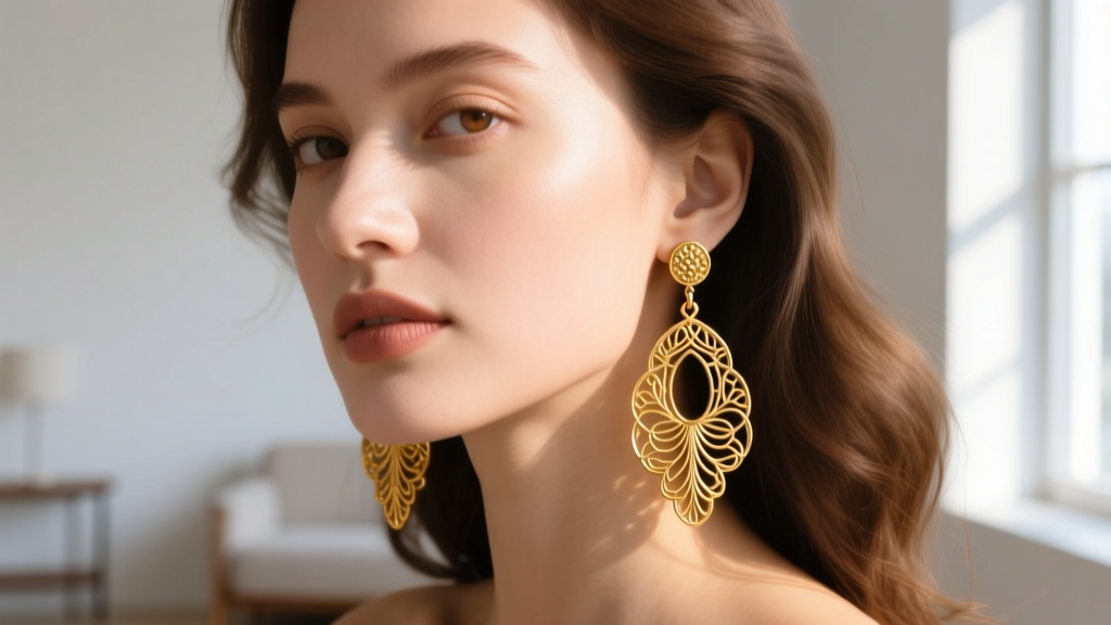 Close-up of a woman wearing intricate 14k gold boho filigree drop earrings, soft sunlight highlighting the textured metal details