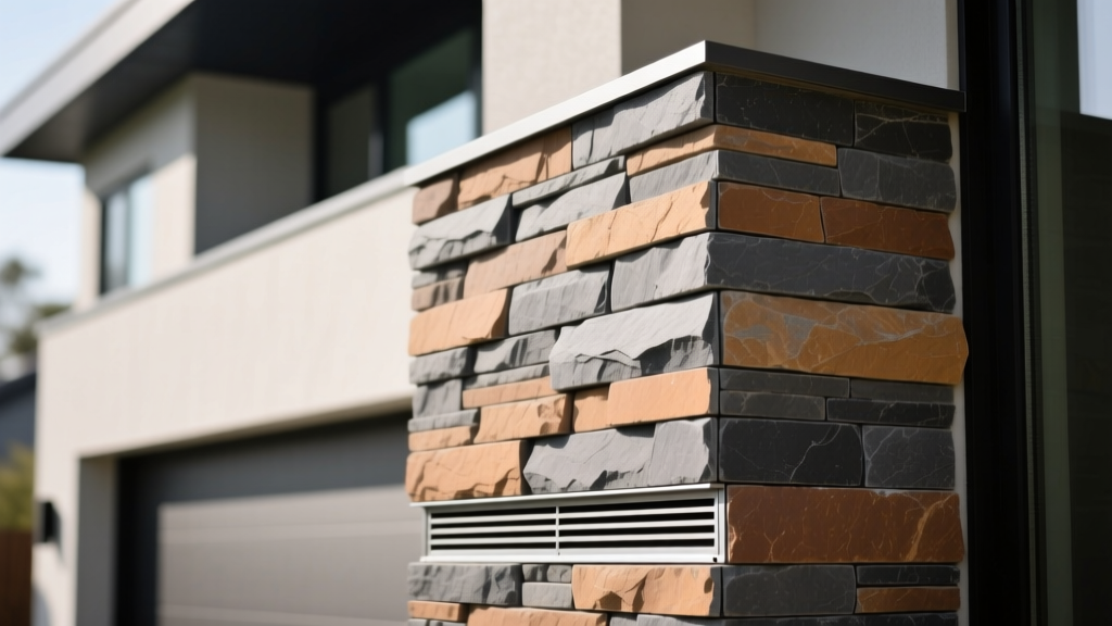 Close-up of charcoal and earth-toned manufactured stacked stone veneer installed on a modern home exterior with metal weep screed and mortar joints