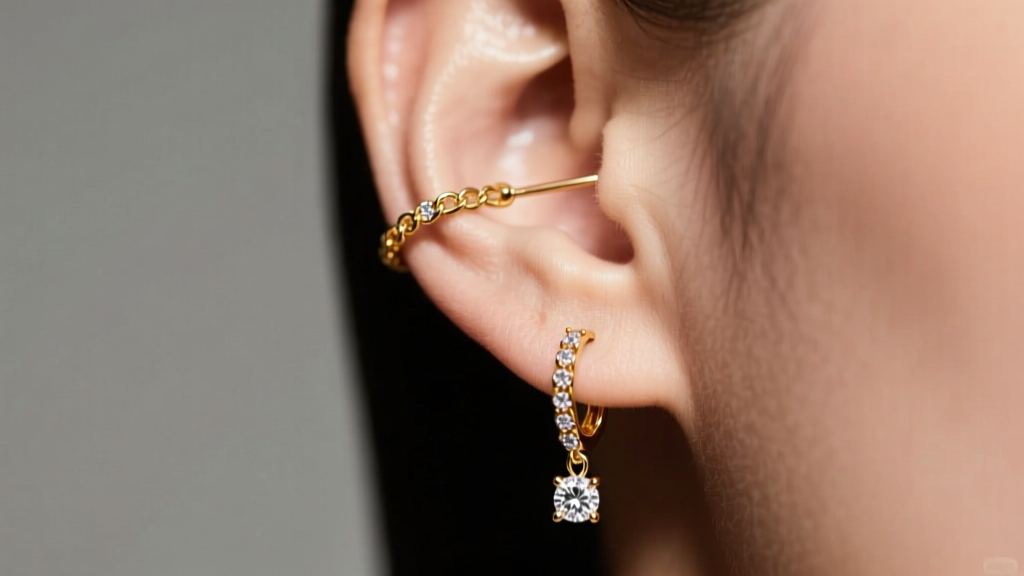 Close-up of 14k gold suspender earrings threading through an earlobe, featuring diamond drops and soft directional studio light.