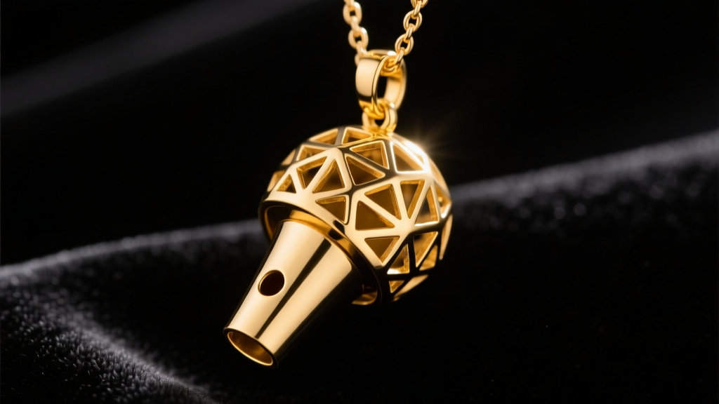 Macro shot of a 14k gold vermeil mindfulness whistle pendant with geometric cutouts on dark velvet under warm studio lighting.