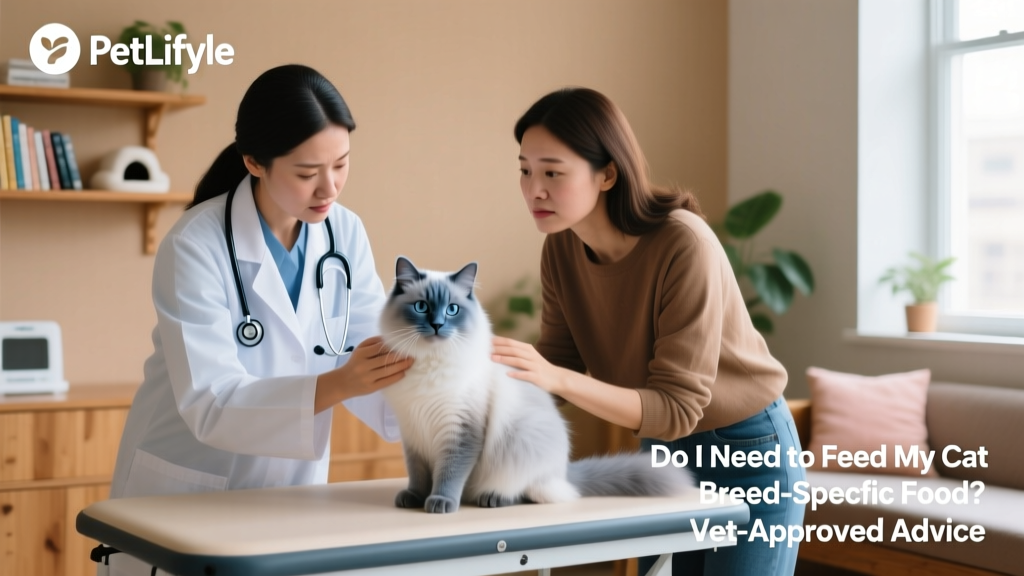 Veterinarian consulting with a client and her Ragdoll cat during a wellness exam