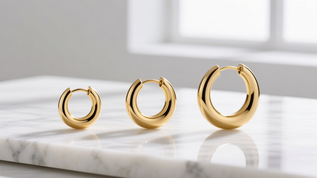 Three pairs of Italian gold hoop earrings in 20mm, 40mm, and 60mm sizes lined up on a marble surface to show scale and proportion