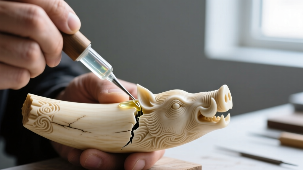 Close-up of a jeweler applying clear two-part epoxy resin into a micro-fissure on the dentin side of a carved boar tusk