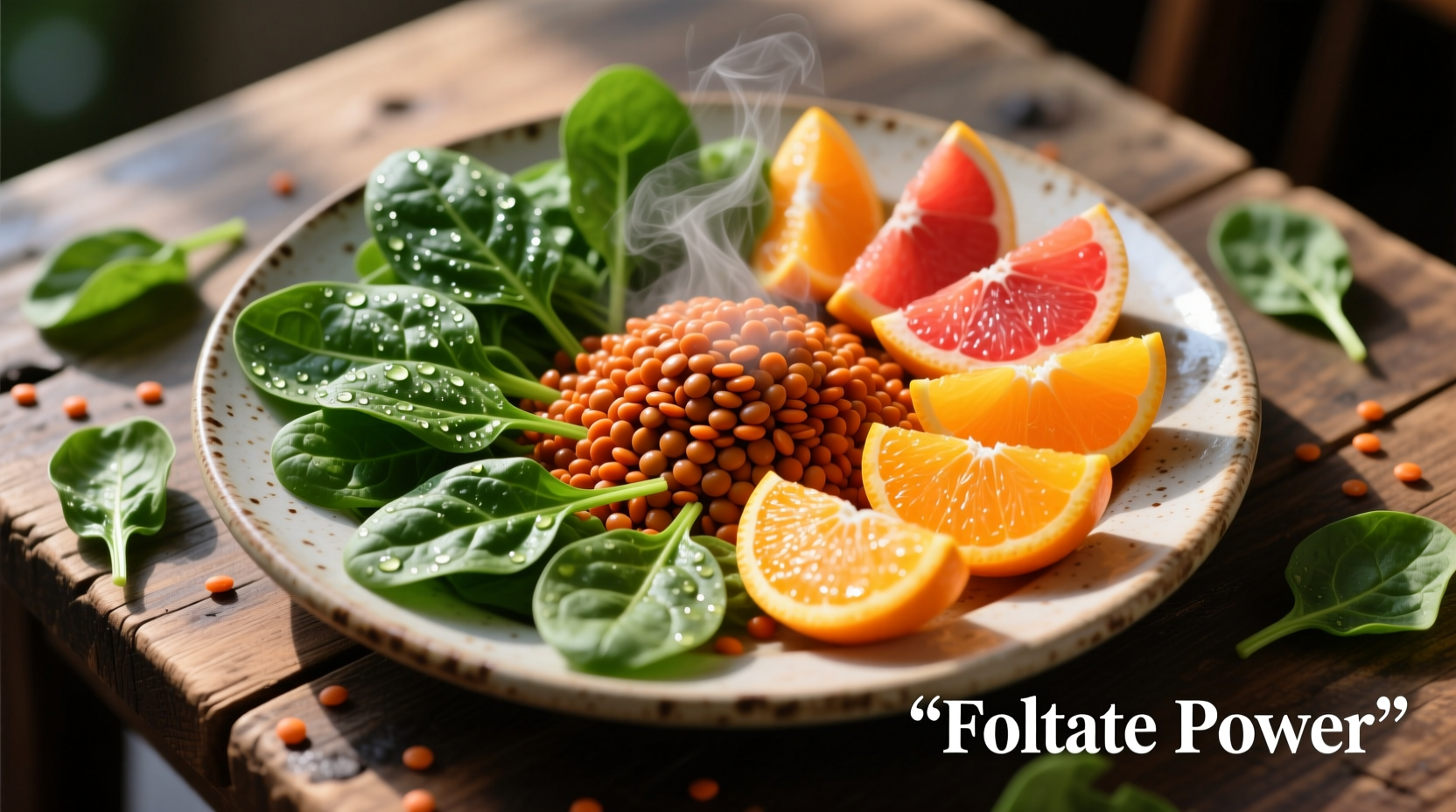 Colorful plate of folate-rich foods including spinach, lentils, and citrus fruits