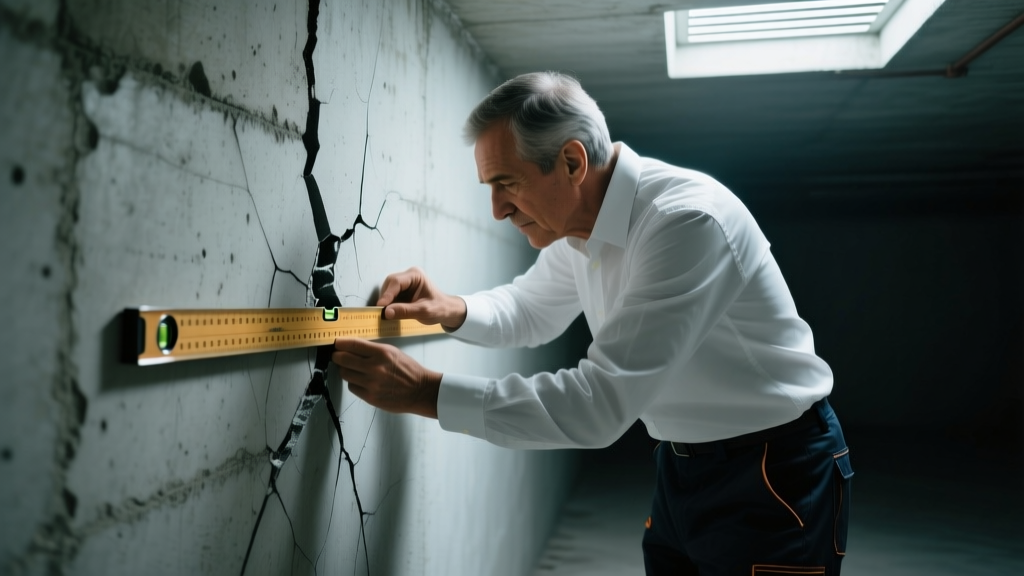 Close-up of a structural engineer using a crack width ruler to measure a diagonal concrete foundation wall crack in a dimly lit basement