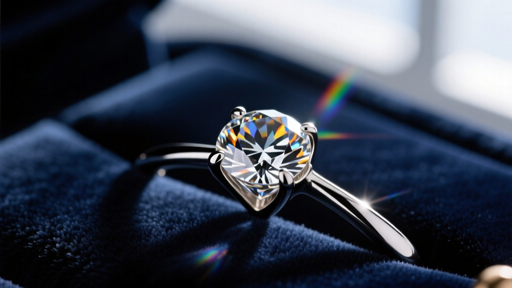 Macro view of a four-prong martini setting and a bezel setting holding a half-carat diamond against dark velvet.