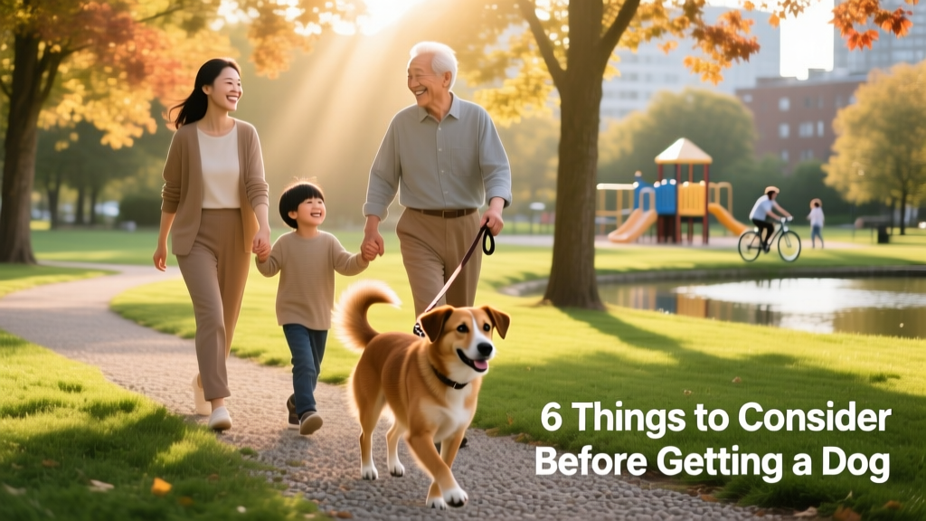 A joyful family walking their friendly, medium-sized dog in a sunlit park