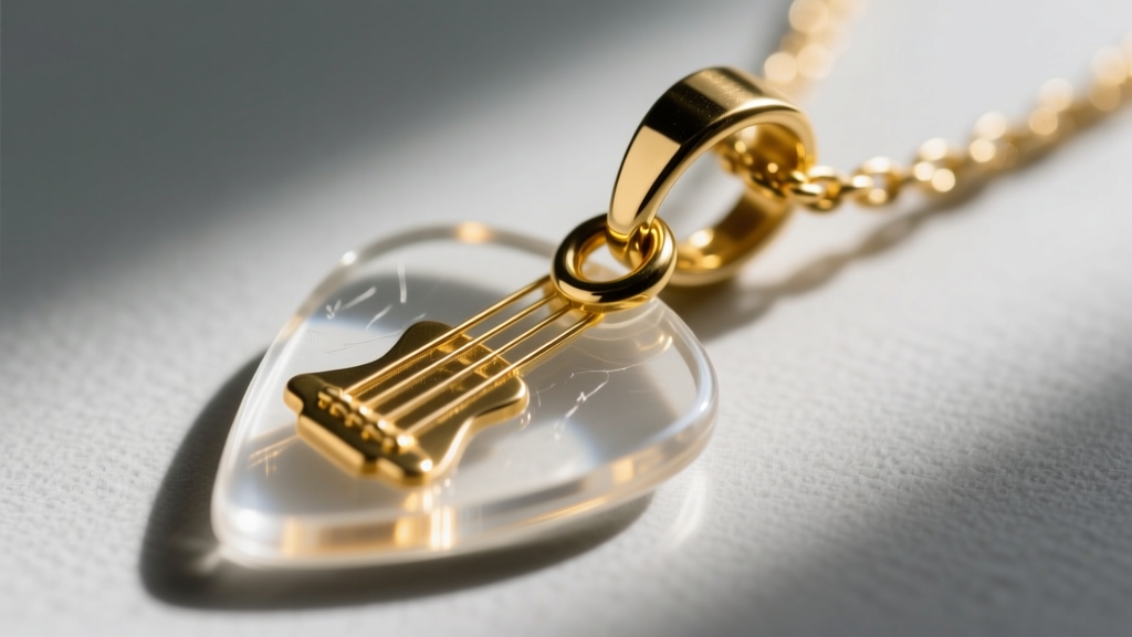 Macro shot of a gold-filled pinch bail on an acrylic guitar pick pendant, highlighting prong tension and polished metal texture.