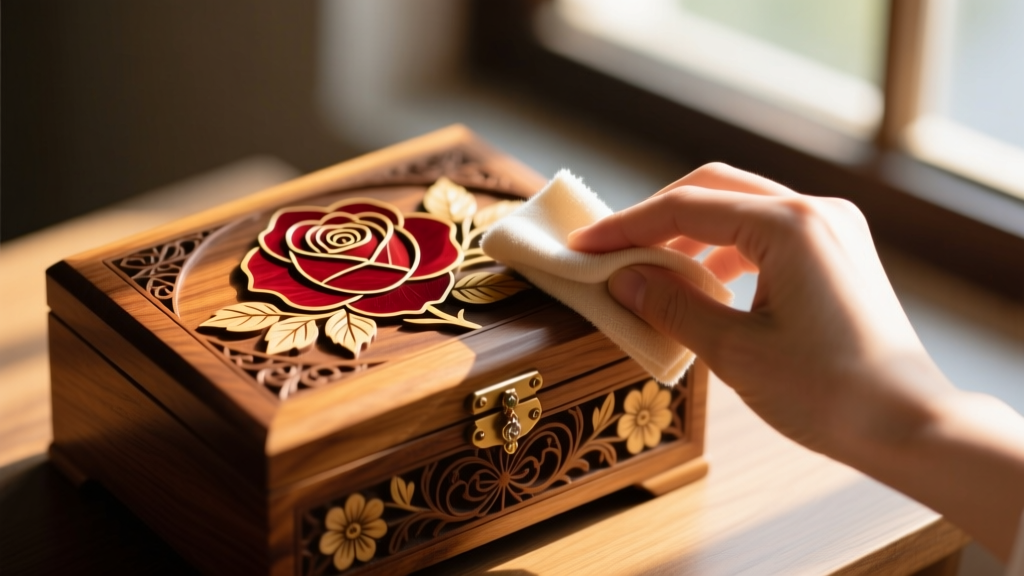 Hand wiping a carved wooden floral jewelry box with a microfiber cloth, warm sunlight highlighting painted rose motifs on the lid.